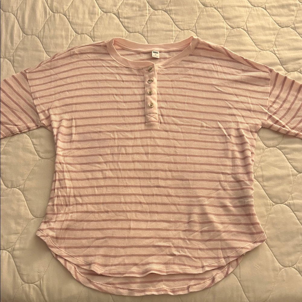 Old Navy Pink and White Striped Waffle Henley Top